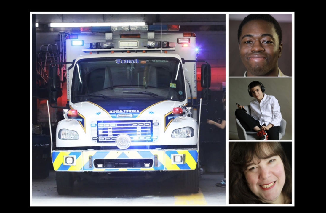 Image of an ambulance with 3 portraits of people on the side, smiling into the camera.